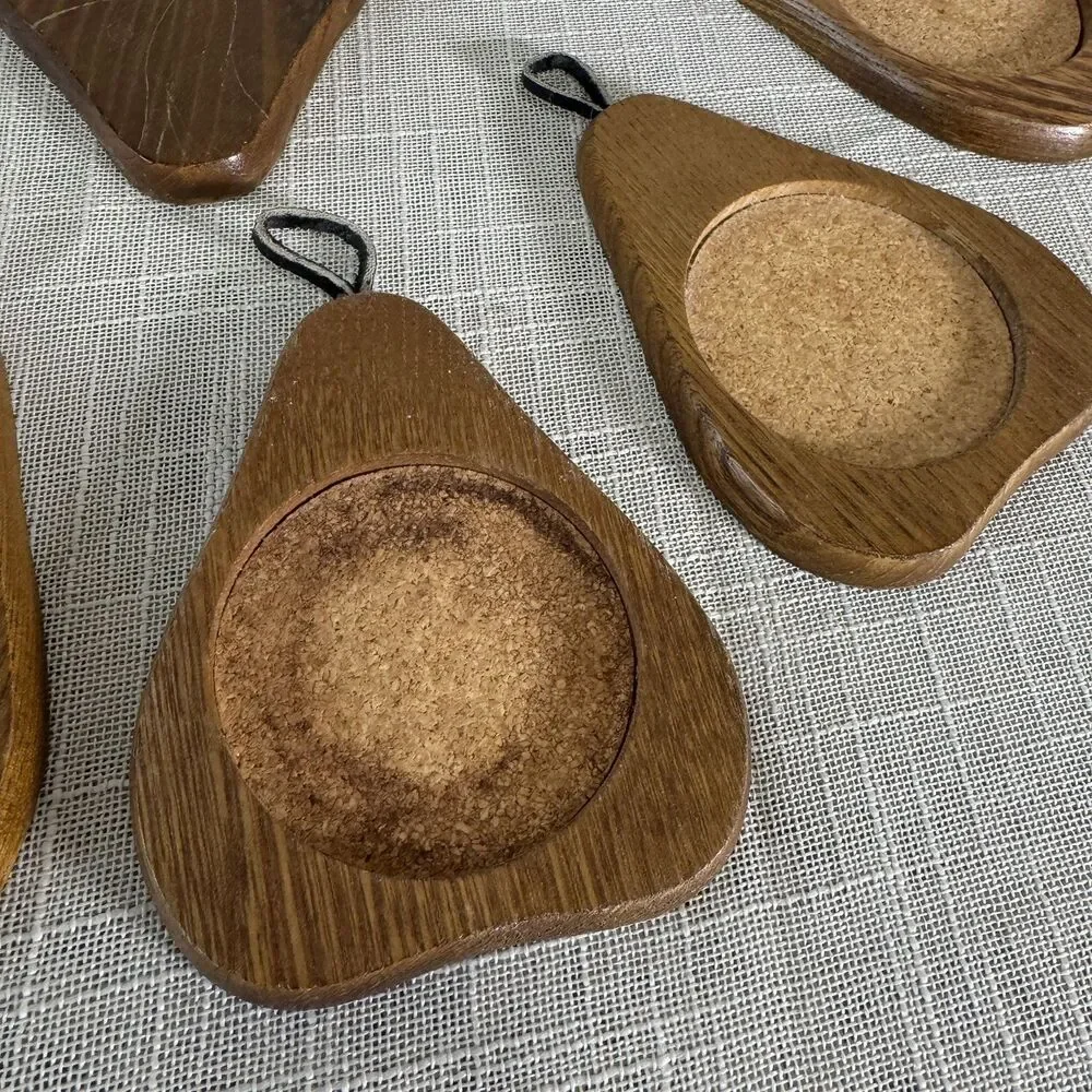 Vintage Wood Coasters Cork Center MCM Retro Pear Shaped Hanging Stand Set of 6